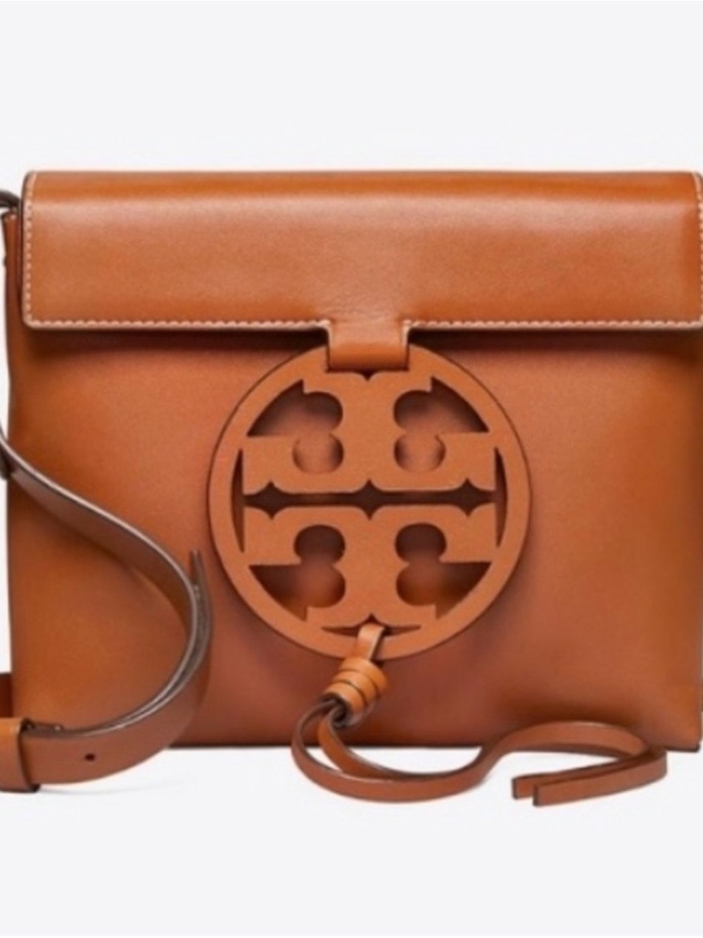 Tory Burch Tan Leather Miller Round-Logo Crossbody